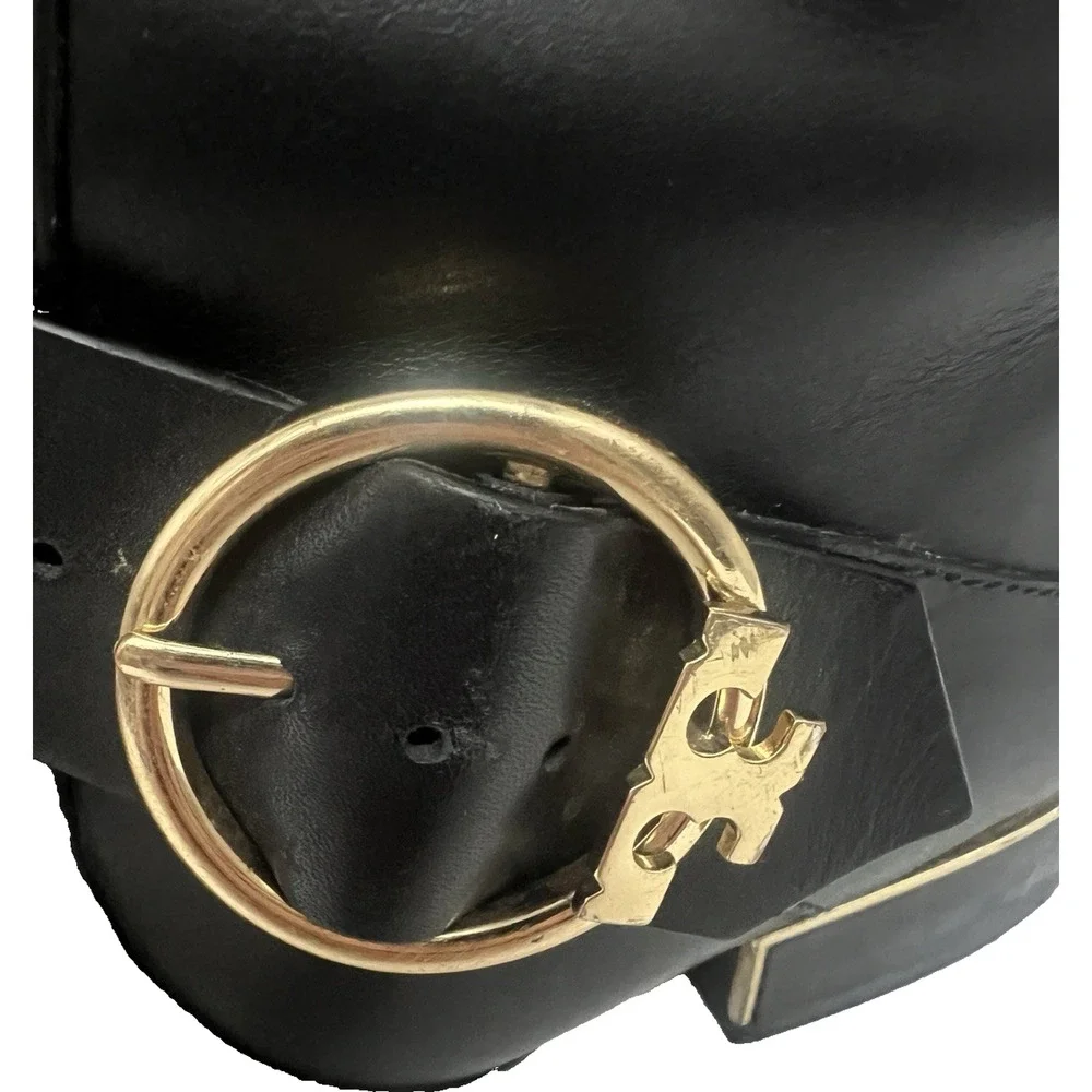 Tory Burch Sophia Black Leather Tall Riding Side Zip Boots 7M Gold Accents Logo